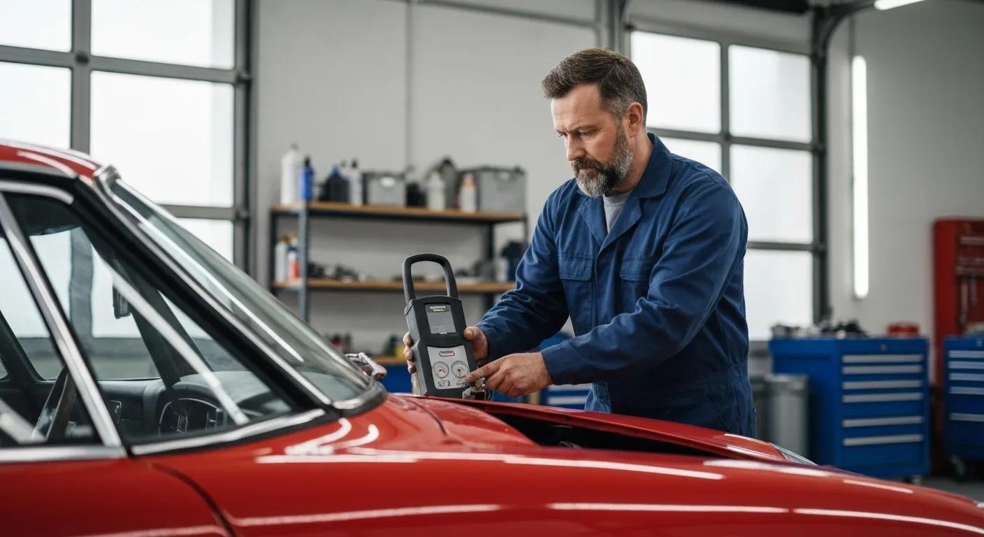 Mechanic performing air conditioning regas on a car, highlighting the technical service for improved comfort