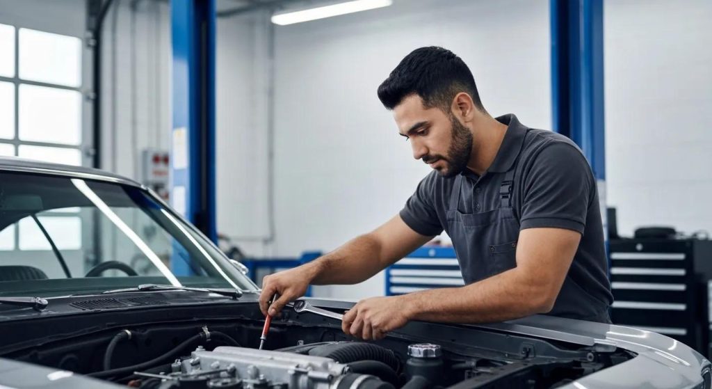 Professional mechanic servicing a car in a clean auto repair shop, emphasizing expertise in car maintenance