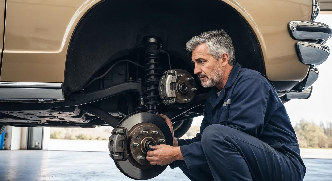 Mechanic inspecting brake components, emphasizing the importance of brake repairs and maintenance