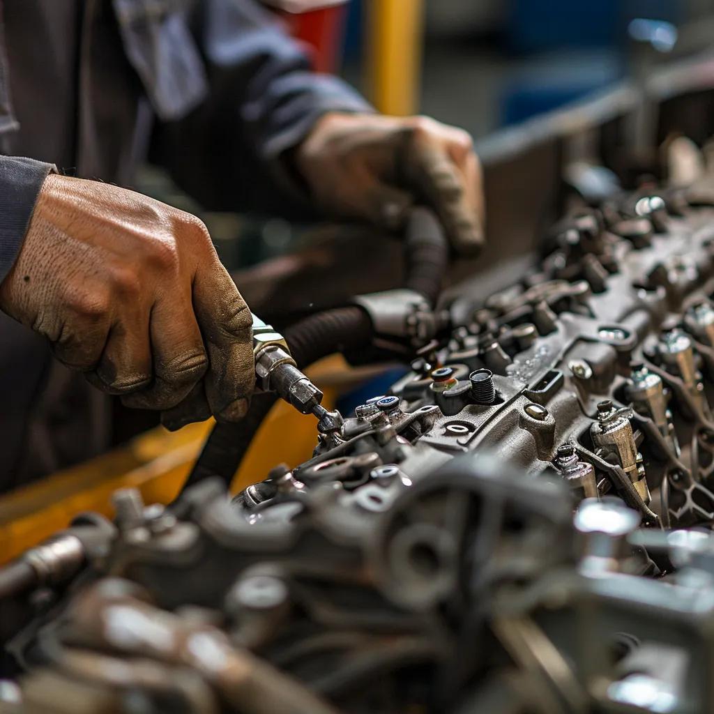 Mechanic conducting a detailed engine repair, illustrating the step-by-step reconditioning process
