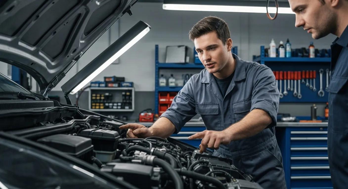 Mechanic inspecting a car engine in a professional workshop, emphasizing technical expertise in mechanical repairs
