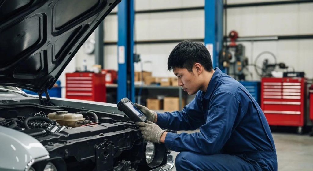 Mechanic diagnosing car engine in a professional auto repair shop