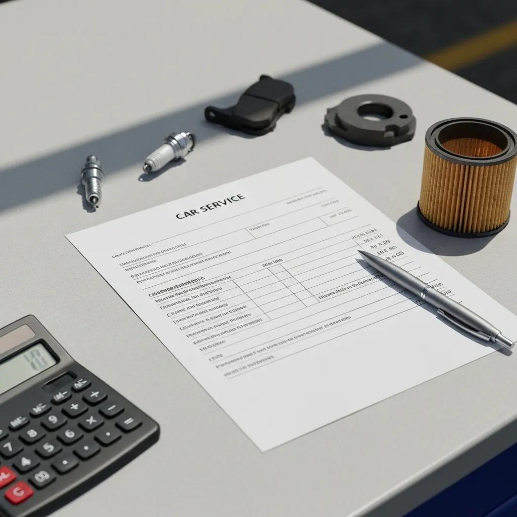 Car service invoice with tools and parts on a workbench