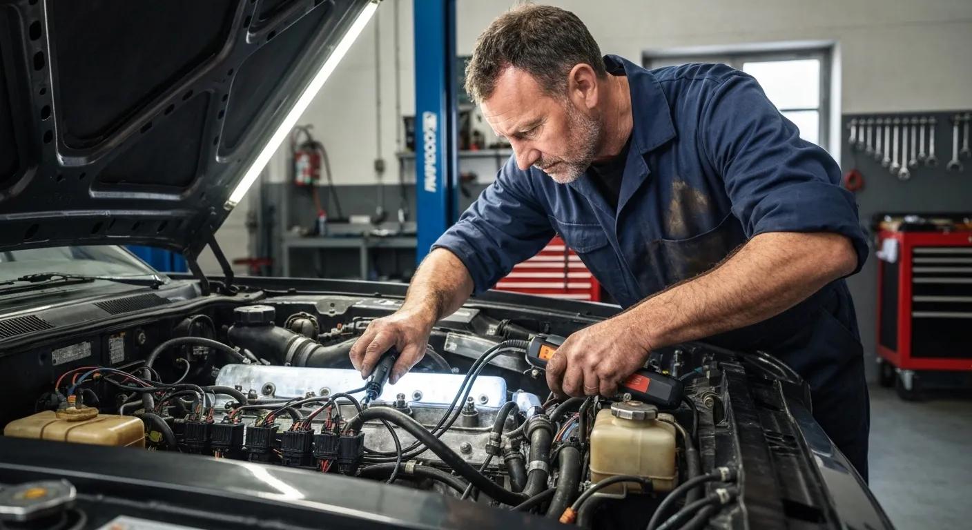 Mechanic using advanced diagnostic tools on a car engine