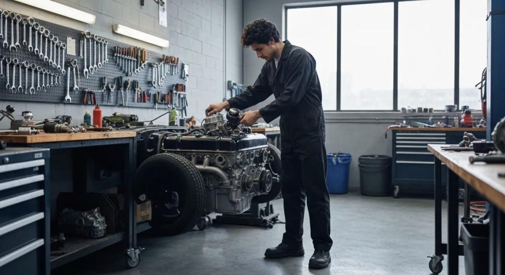 Mechanic working on a car engine in a professional auto repair shop