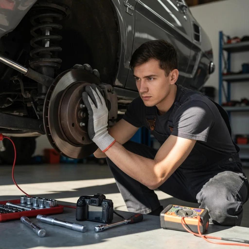 Mechanic inspecting brake and suspension components in an auto repair shop
