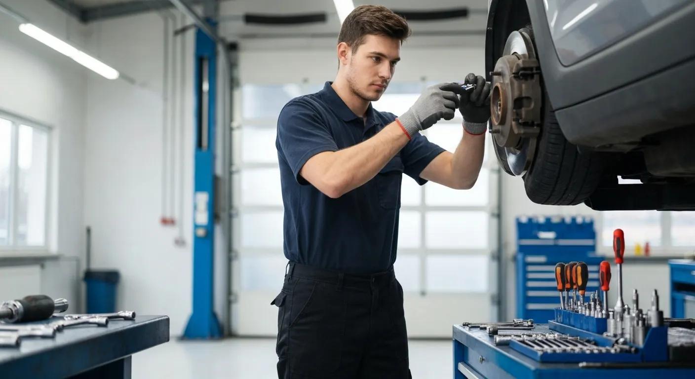 Mechanic examining brake components in a garage, highlighting the precision and safety of brake repair services