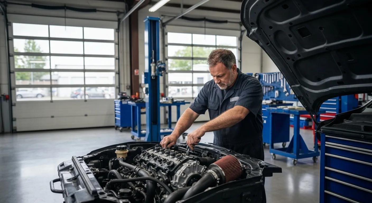 Mechanic performing routine engine maintenance in a clean garage