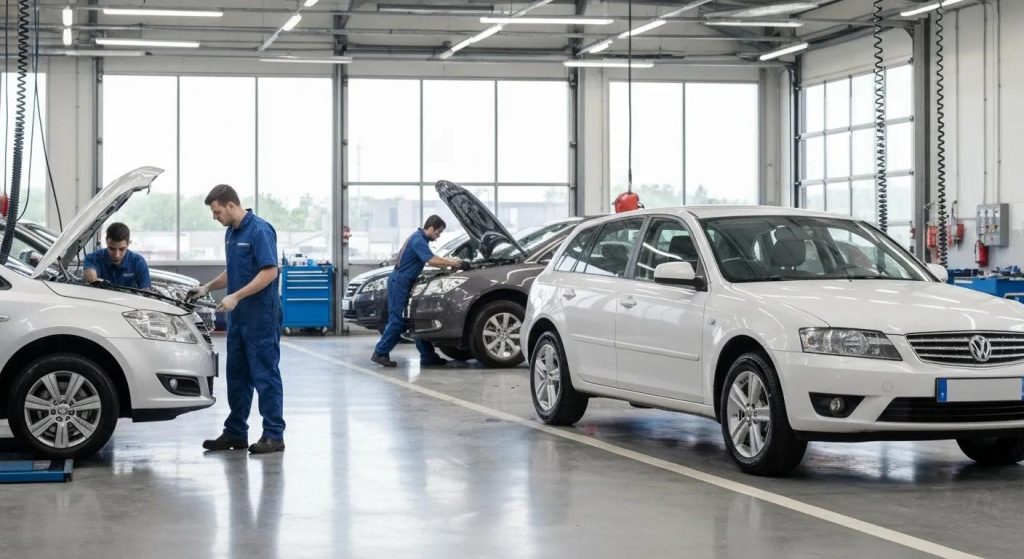 Modern auto service centre with technicians working on vehicles, showcasing professionalism and trust